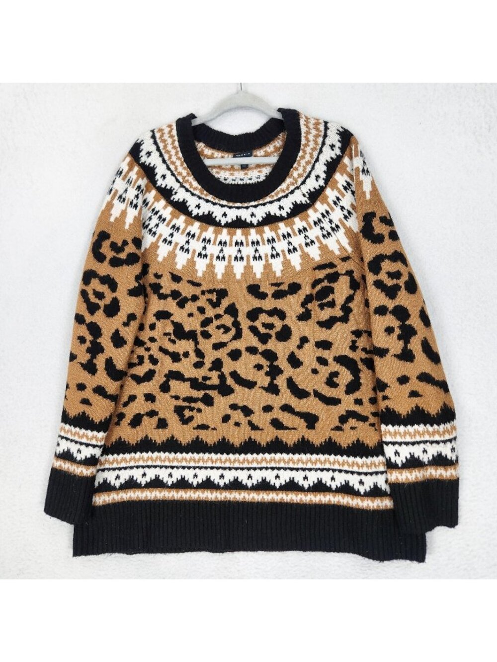 Torrid Sweater Womens 3X Brown Leopard Fair Isle Crewneck Knit Tunic Pullover